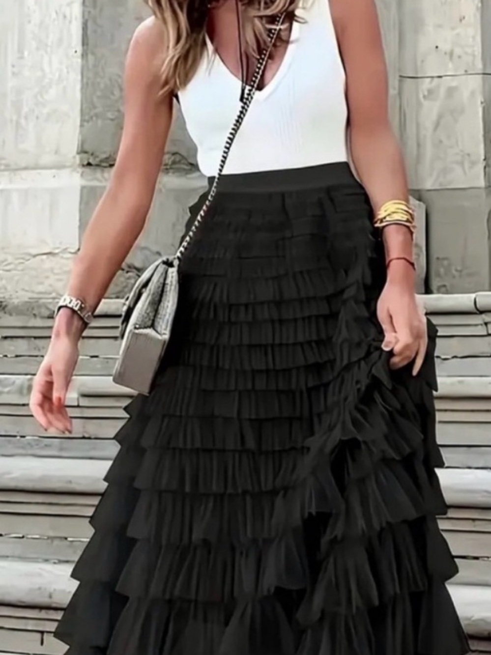 Black Mesh Layered Hem A-Line Skirt High Waist Goth Dark Academia Size M